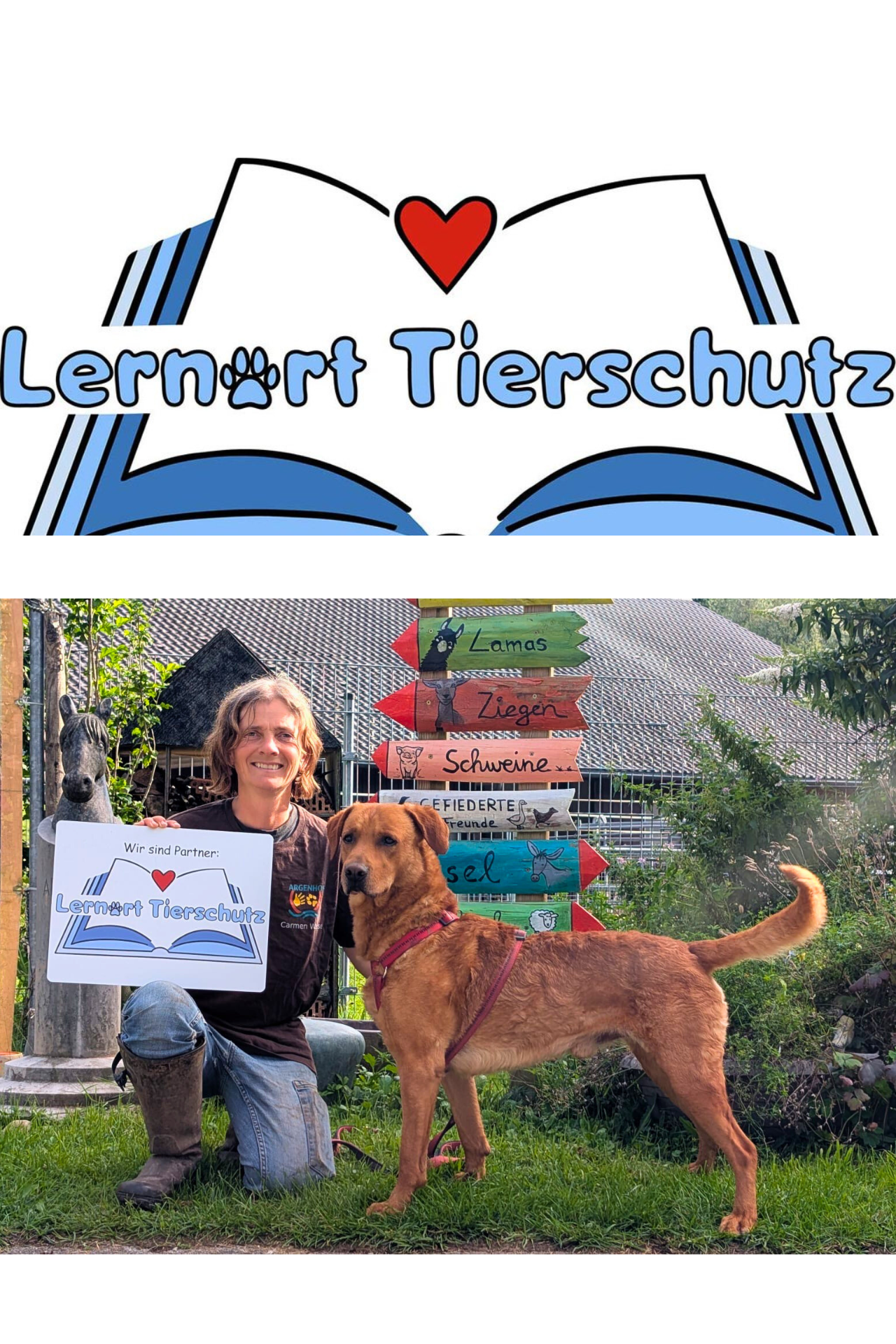 Logo von Lernort Tierschutz und eine Frau mit Hund hält ein Schild hoch.